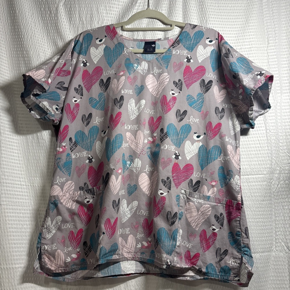 Zoe & Chloe Scrub Top Size XL gray with Hearts Love Birds Pockets V Neck Egypt